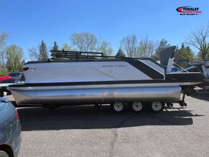Manitou Cruise 20 MAX Bench Twin Tube 2025 Manitou Cruise 20 MAX Bench Twin Tube pontoon boat on trailer, parked outdoors.