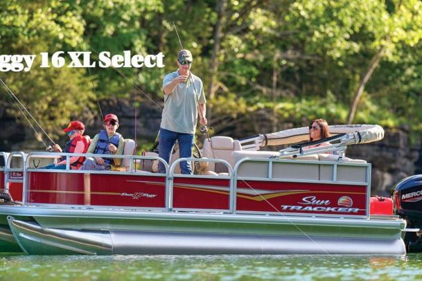 Sun Tracker Bass Buggy® 16 XL Select 2026 Sun Tracker Bass Buggy® 16 XL Select pontoon boat on a lake with people fishing.