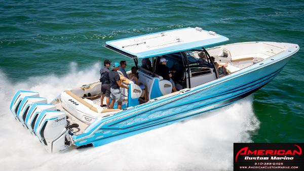 Nor-Tech 390 Sport 2025 Nor-Tech 390 Sport boat speeding on water, American Custom Marine logo.