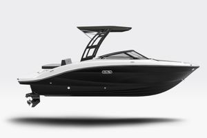 Sea Ray SPX 210 2026 Sea Ray SPX 210 boat, sleek black and white design, side view.