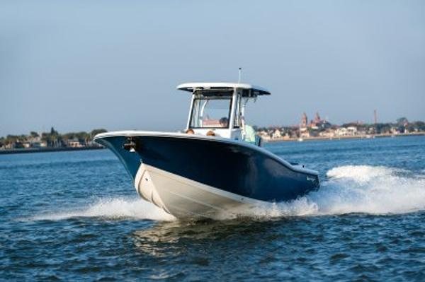 Tidewater 252 2020 Tidewater 252 boat cruising on open water with scenic background.