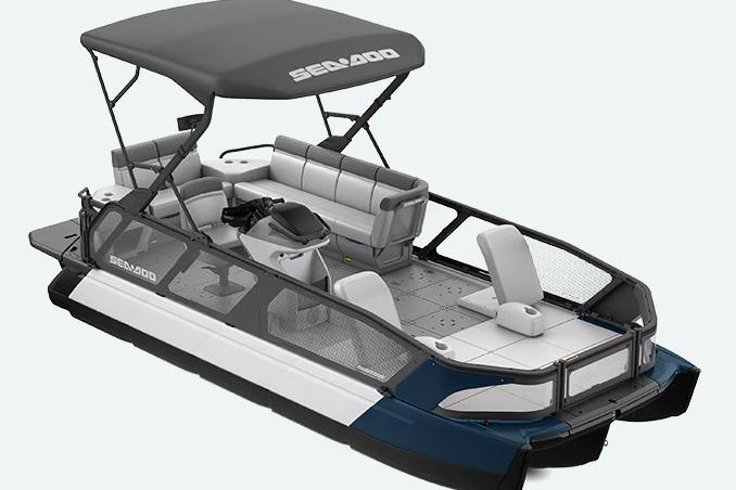 Sea-Doo Sport Boats Switch Sport 21 - 230 hp Galvanized 2024 Sea-Doo Switch Sport 21 boat, 230 hp, galvanized, with canopy and seating.