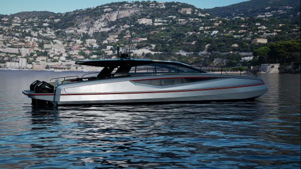 Infiniti 60 Powercat Coupe 2024 Infiniti 60 Powercat Coupe luxury yacht on serene waters.