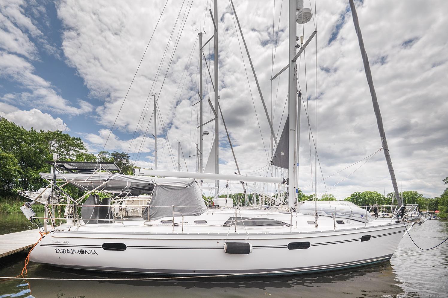 Catalina 445 2024 Catalina 445 sailboat docked under cloudy sky, showcasing sleek design and modern features.