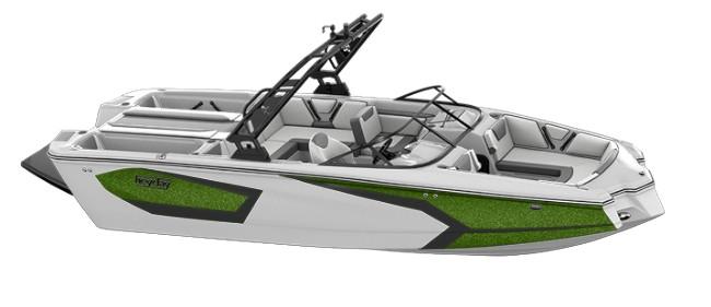 Heyday WT Surf 2025 Heyday WT Surf boat with sleek design and green accents, ideal for water sports.