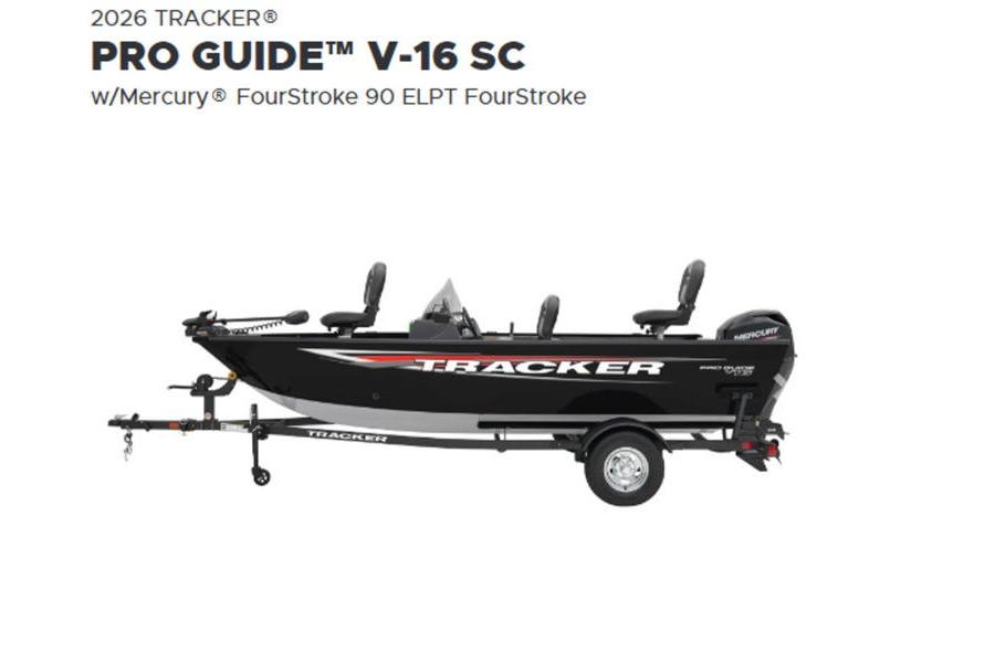 Tracker Pro Guide V-16 SC 2026 Tracker Pro Guide V-16 SC boat with Mercury FourStroke 90 ELPT engine on trailer.