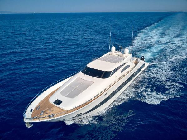 Tecnomar Velvet 83 Luxury Tecnomar Velvet 83 yacht cruising on open sea, 2006 model.