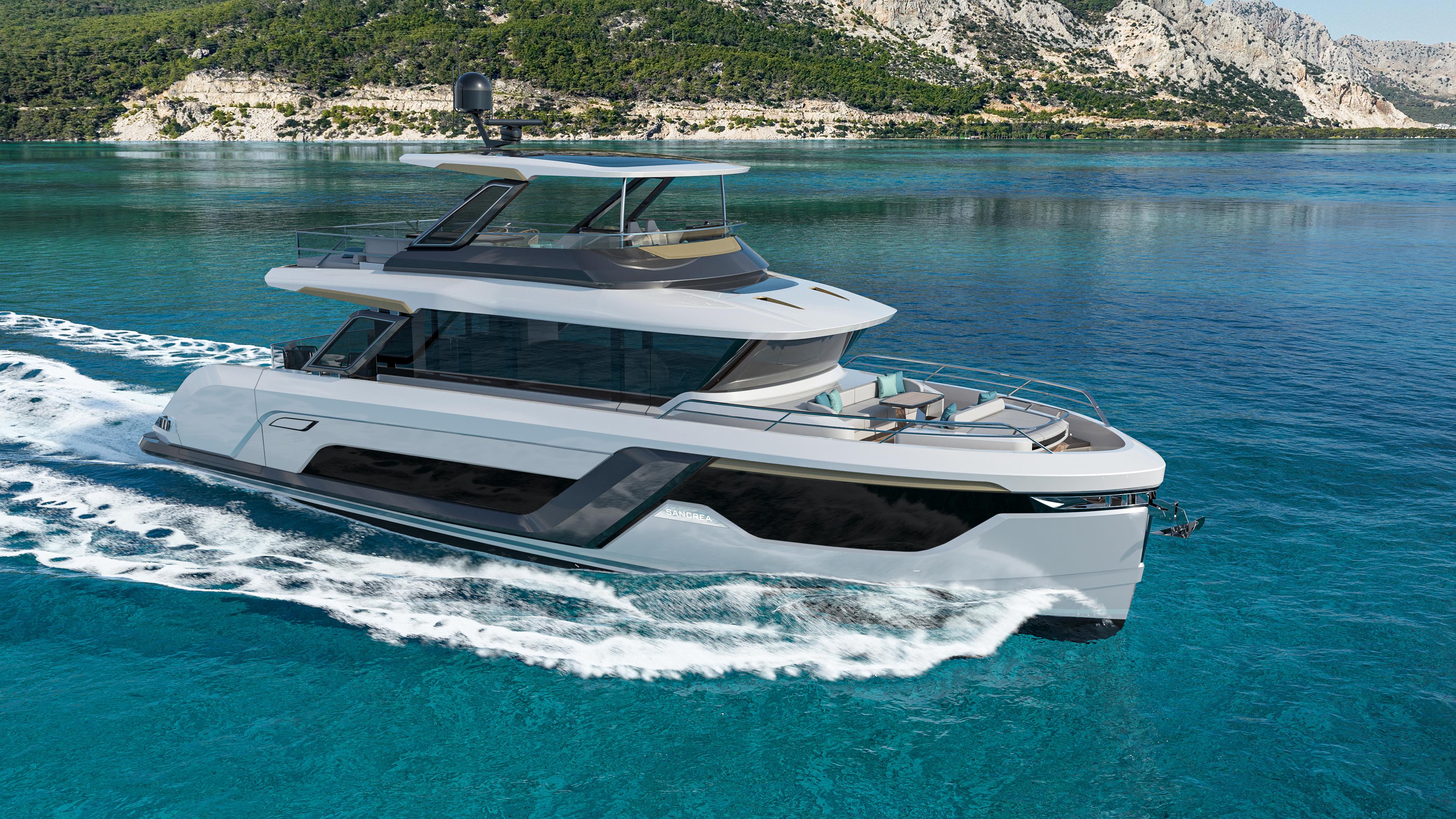 Custom Sancrea 70 Luxurious 2025 Custom Sancrea 70 yacht cruising in clear blue waters.