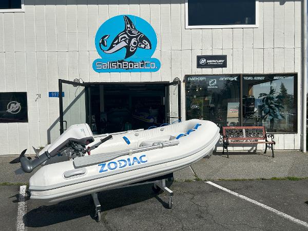 Zodiac Nomad 3.1 RIB Alu 2024 Zodiac Nomad 3.1 RIB Alu displayed outside Salish Boat Co. store.