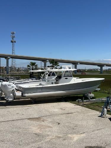 Regulator 41 2021 Regulator 41 boat on trailer under clear blue sky.