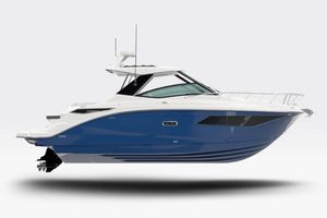 Sea Ray Sundancer 320 2026 Sea Ray Sundancer 320 boat, sleek design, blue and white exterior, side view.