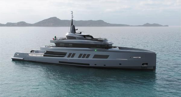 Rossinavi Berserk 47 Luxury yacht Rossinavi Bersek 47, 2026 model, cruising in serene waters with mountainous backdrop.