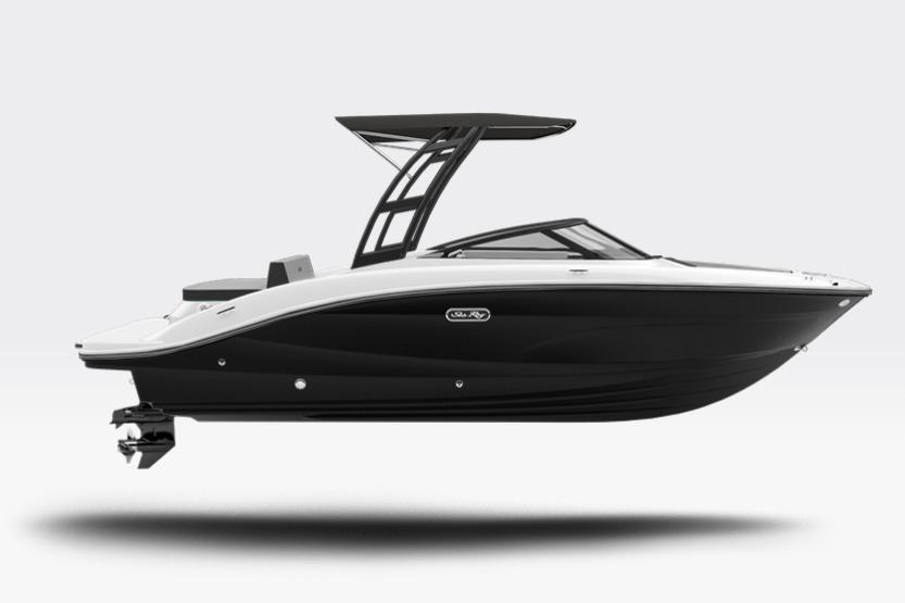 Sea Ray SPX 210 2026 Sea Ray SPX 210 boat, sleek black and white design, side view.