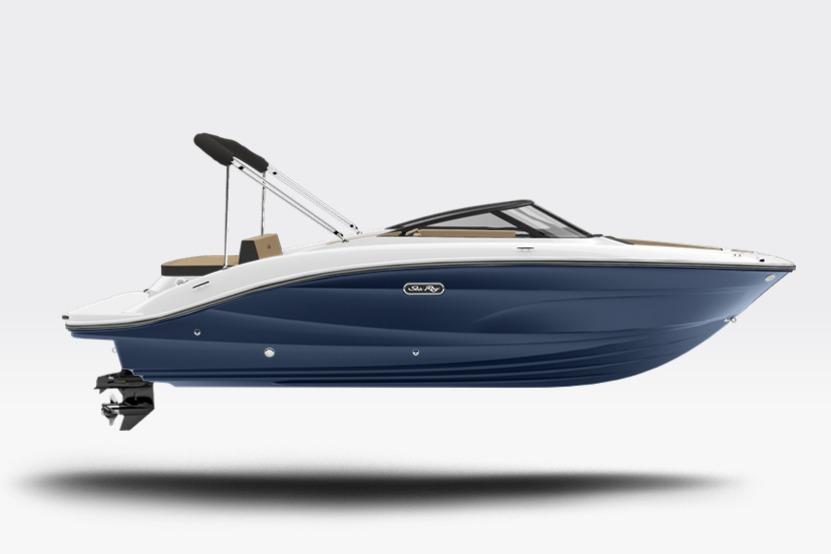 Sea Ray SPX 210 2026 Sea Ray SPX 210 boat, sleek design, blue and white exterior, side view.