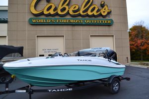Tahoe T16 2026 Tahoe T16 boat on trailer outside Cabela's store.