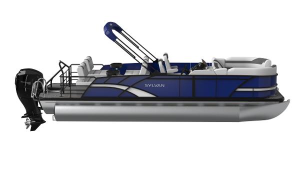 Sylvan L3 RLZ 2026 Sylvan L3 RLZ pontoon boat, blue and silver design, side view.