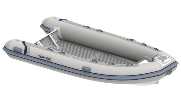 Highfield Classic 400 2025 Highfield Classic 400 inflatable boat, gray with blue accents, side view.