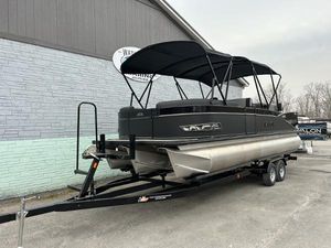 Avalon 2585 Catalina Entertainer 2025 Avalon 2585 Catalina Entertainer pontoon boat on trailer, parked outdoors.