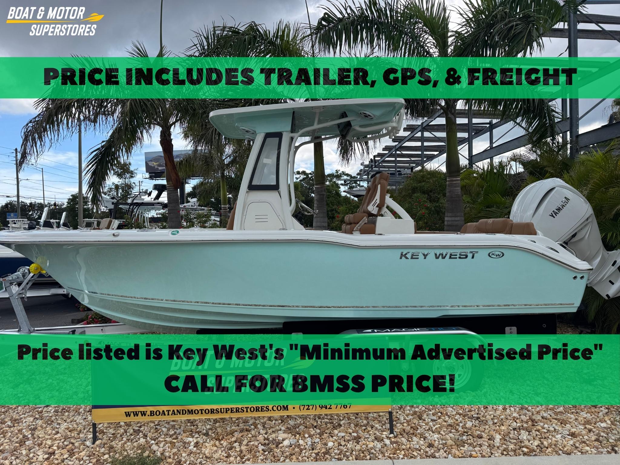 Key West 239 fsr 2026 Key West 239 FSR boat with trailer, GPS, and freight included, displayed at dealership.