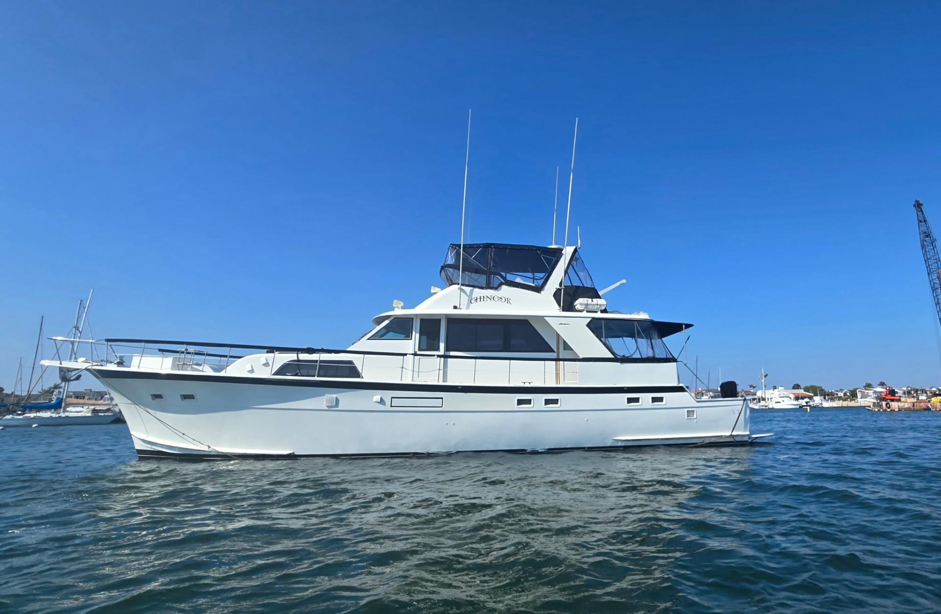 Hatteras 58 Cockpit Motor Yacht 1978 Hatteras 58 Cockpit Motor Yacht on calm water under clear blue sky.