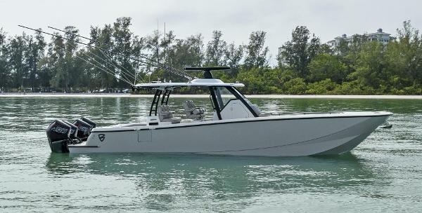 Barker Boatworks 40 High Performance Cat 2022 Barker Boatworks 40 High Performance Cat on calm water, featuring dual engines.