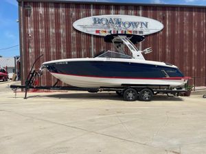 Cobalt R8 Surf 2023 Cobalt R8 Surf boat on trailer at Boat Town dealership.