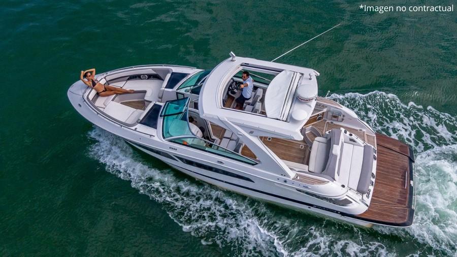 Four Winns H350 2016 Four Winns H350 yacht cruising with passengers on deck, surrounded by ocean waves.