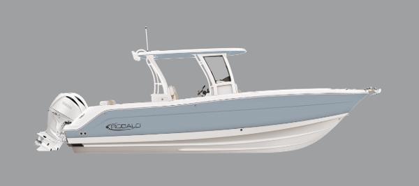 Robalo R302 Center Console 2025 Robalo R302 boat, side view, sleek design, gray and white color scheme.