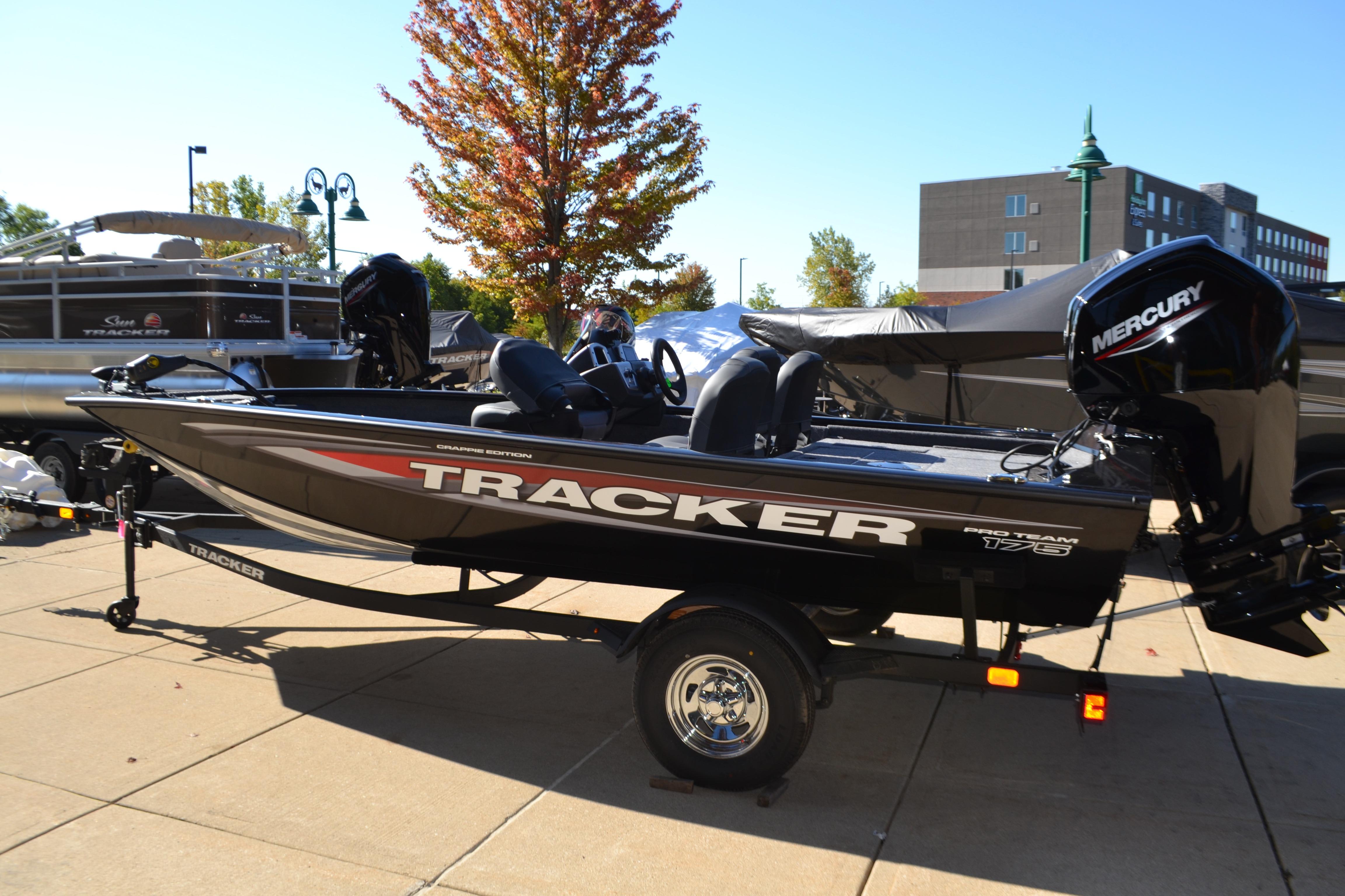 Tracker Pro Team 175 Crappie Edition 2026 Tracker Pro Team 175 Crappie Edition boat with Mercury engine on display.
