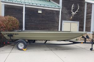 Tracker Grizzly 1860 Utility 2025 Tracker Grizzly 1860 Utility boat on trailer, parked outdoors.
