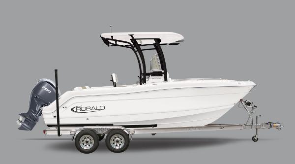 Robalo R222 Center Console 2025 Robalo R222 Center Console boat on trailer, side view.