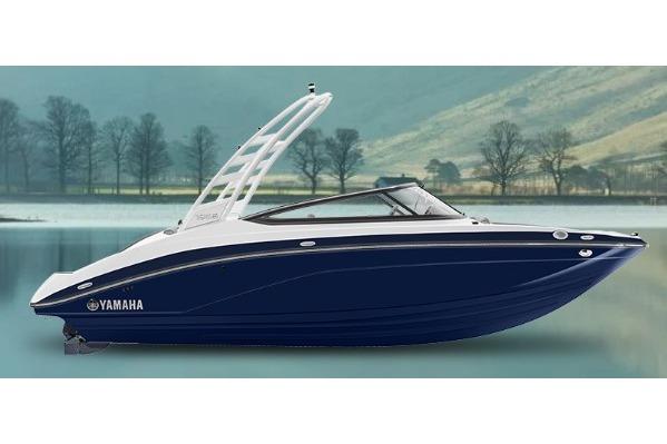 Yamaha Boats 195S 2026 Yamaha Boats 195S, sleek design, blue hull, scenic background.