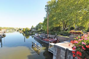 Tjalk zeetjalk Historic 1902 Tjalk zeetjalk moored by a scenic canal with vibrant flowers and lush trees.
