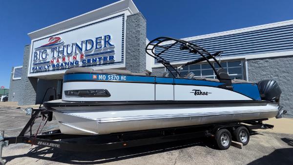 Tahoe 2585 Cascade 2024 Tahoe Pontoon 2585 Cascade at Big Thunder Marine, on trailer, sunny day.