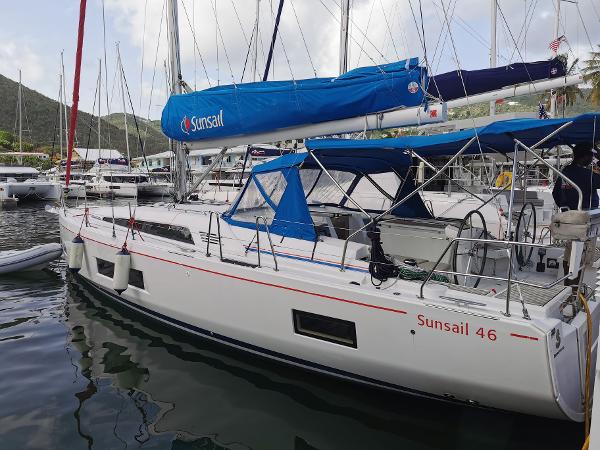Beneteau Oceanis 46.1 2020 Beneteau Oceanis 46.1 sailboat docked in marina, featuring Sunsail branding.