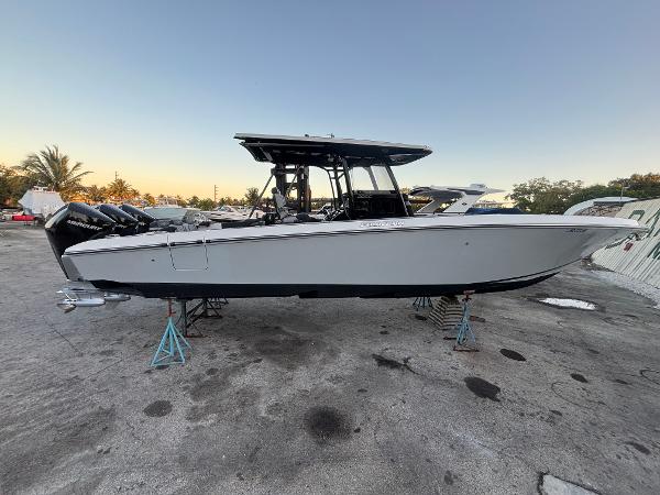Fountain 38 SC 2022 Fountain 38 SC boat on stands, side view, outdoors.