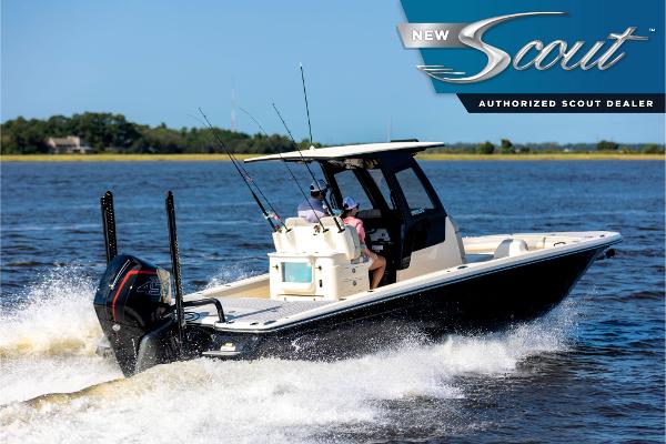 Scout 281 XSS 2025 Scout 281 XSS boat cruising on water, featuring fishing rods and outboard motor.