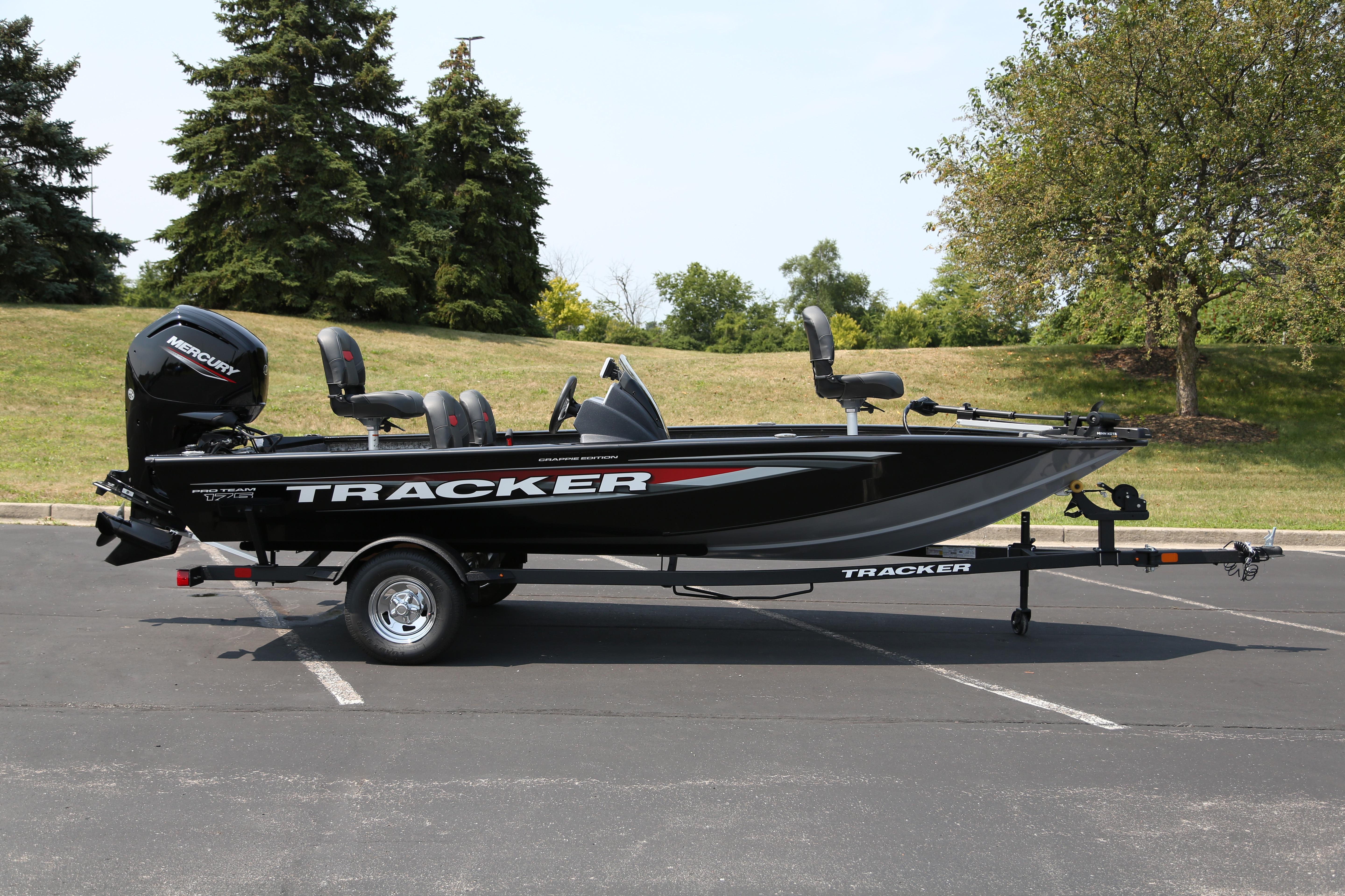 Tracker Pro Team 175 Crappie Edition 2026 Tracker Pro Team 175 Crappie Edition boat on trailer, parked outdoors.