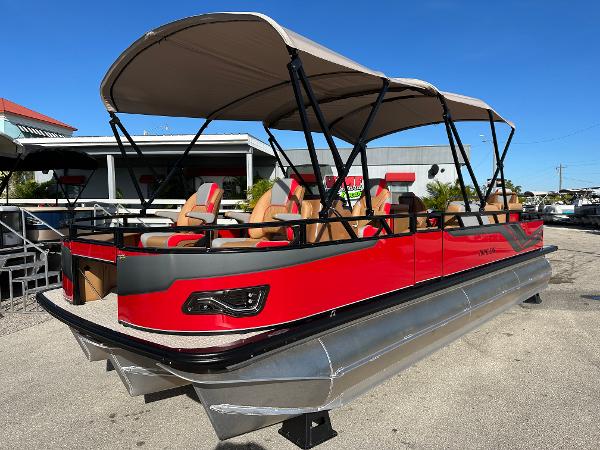 Avalon 2585 Venture 85, Center Console Fish, Tri Toon High Performance 2025 Avalon 2585 Venture 85 Tri Toon boat with center console, red exterior, and canopy.