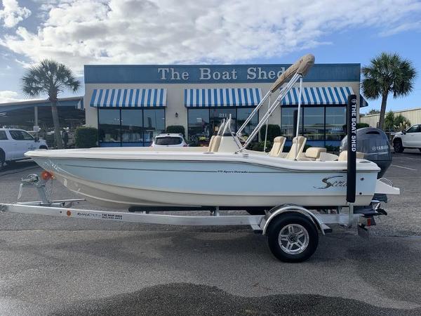 Scout 175 Sport Dorado 2025 Scout 175 Sport Dorado boat on trailer outside The Boat Shed.