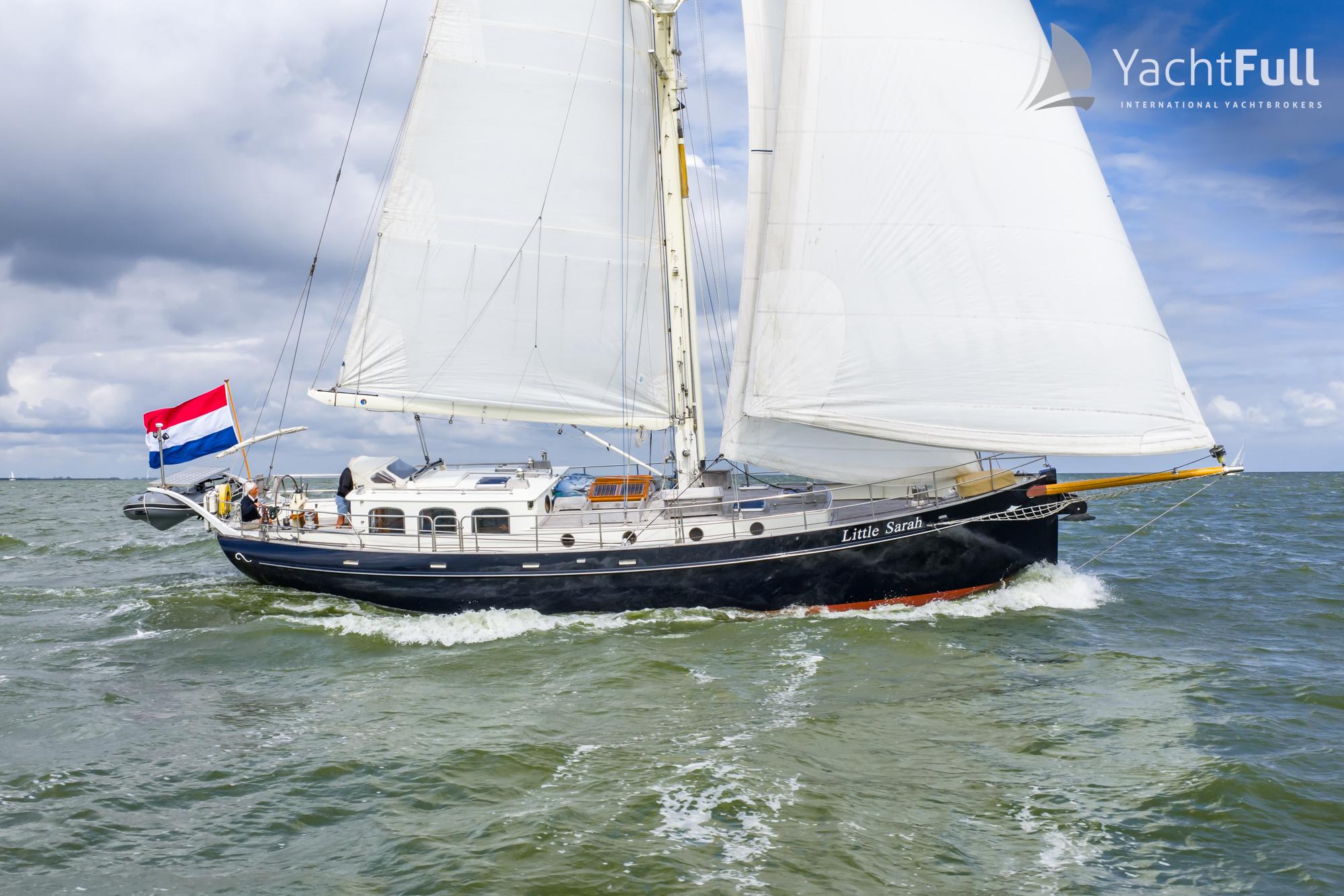 Puffin 50 Sailing yacht "Little Sarah" on open water, Puffin 50 model, 1998, with Dutch flag.