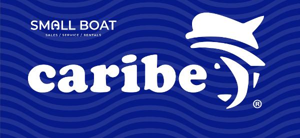 Caribe MVP11 Caribe MVP11 2025 logo with wave pattern background, small boat sales, service, rentals.