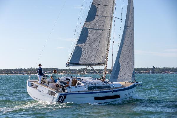 Dufour 37 2024 Dufour 37 sailboat cruising on open water under clear skies.
