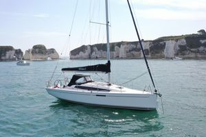 Dehler 34 2017 Dehler 34 sailboat on calm sea near rocky cliffs.