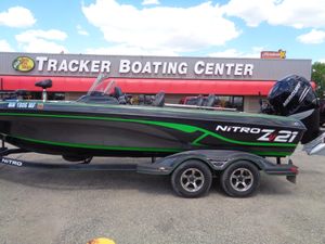 Nitro ZV21 2022 Nitro ZV21 boat at Tracker Boating Center, featuring sleek design and Mercury engine.
