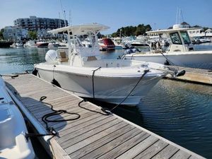 Edgewater 245CC 2023 Edgewater 245 CC boat docked at marina, surrounded by other vessels.