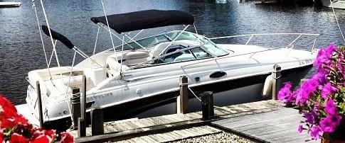 Crownline 262 CR 2003 Crownline 262 CR boat docked by a wooden pier, surrounded by vibrant flowers.