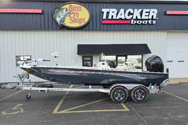 Ranger RB200 2024 Ranger RB200 boat on trailer outside Bass Pro Shops Tracker Boats store.