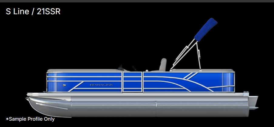 Bennington 21 SSR 2026 Bennington 21 SSR pontoon boat, blue and silver design, side profile view.