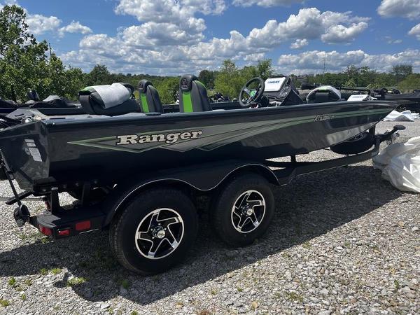 Ranger RT188P 2024 Ranger RT188P fishing boat on a trailer under a sunny sky.